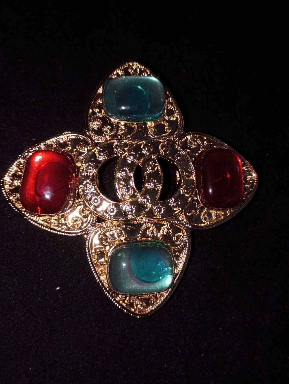 Gold-Tone Floral Brooch with Teal and Ruby Glass Stones